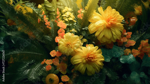 Yellow Lush Botanical Flowers and Leaves Background with Neon Luminescent Glow - Muted and Grainy Overlay Effect - Lemon Yellow 