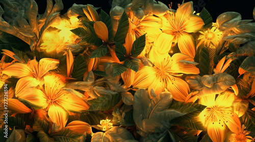 Yellow Lush Botanical Flowers and Leaves Background with Neon Luminescent Glow - Muted and Grainy Overlay Effect - Lemon Yellow 