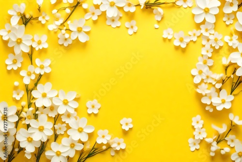 Bright yellow paper background with soft little white flowers, welcome spring concept. Happy Mothers Day, Womens Day, Valentines Day or Birthday greeting card template