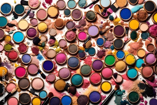Close-up side view of professional make-up brush surrounded by heaps crashed in small pieces eyeshadow in pink, blue, yellow, green and purple colours isolated on white background.