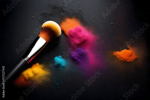 colorfull makeup powder brush fall on shiny black surface in a dust cloud