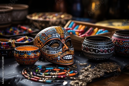 Festive mask among intricately designed pottery and colorful beaded jewelry