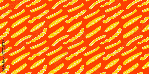 Italian pasta on red background. Horizontal seamless pattern. Modern prints for menu design, cookbooks, fabric, etc.