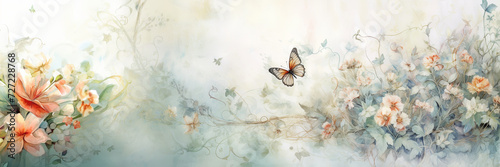Light background with some flowers, butterfly and plants on the edges. Nature frame. Panorama