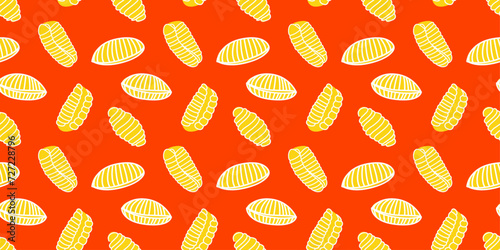 Italian pasta on red background. Horizontal seamless pattern. Modern prints for menu design, cookbooks, fabric, etc.