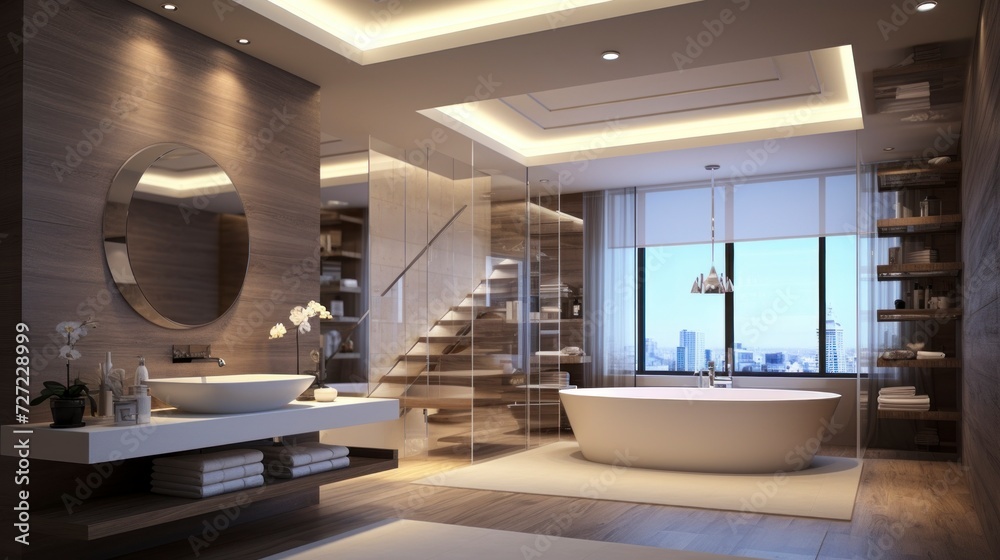 Modern bathroom interior design in white shade	
