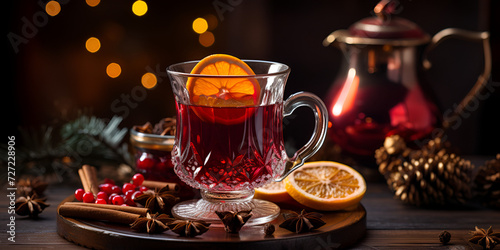 A glass of mulled wine over cozy winter background with fir branch and hard shades Warming drinks concept Glass of hot red wine cocktail with spices orange slice cinnamon and anise stars. 