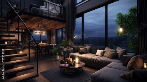 Interior design, stylish modern apartment at night, Large windows overlooking the mountains. 