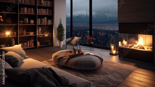 Interior design, stylish modern apartment at night, Large windows overlooking the mountains. 