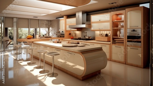 Modern interior design of a bright large kitchen. 