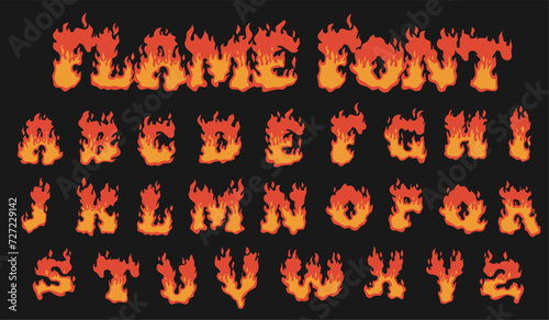 Fire flame burning font alphabet cartoon style vector illustration. Font set isolated on a black background.
