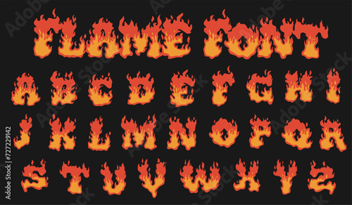 Fire flame burning  font alphabet cartoon style vector illustration. Font set isolated on a black background.