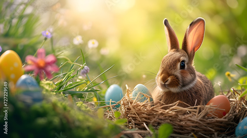 Rabbit Sitting in the Grass Next to Eggs