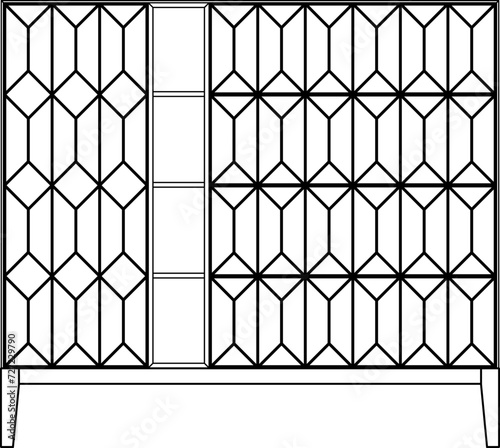 2D vector sketch. Mid century modern design chest of drawers isolated on white background. Geometric ornament pattern on door. Living room furniture.