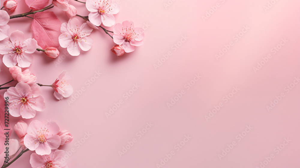 Spring blooming pink peach flowers on solid color background, Valentine's Day Mother's Day card design concept illustration