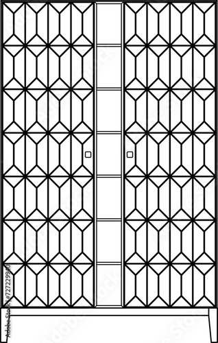 2D vector sketch. Mid century modern design cupboard isolated on white background. Geometric ornament pattern on door. Living room furniture.