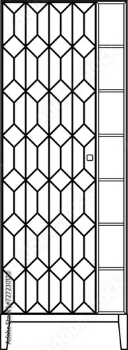2D vector sketch. Mid century modern design cupboard isolated on white background. Geometric ornament pattern on door. Living room furniture.