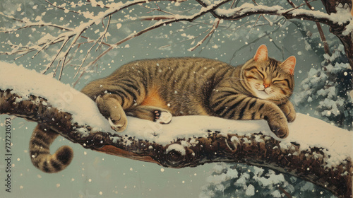  a painting of a cat laying on a tree branch in the snow with it's eyes closed and it's head resting on the branch of a snowing tree.