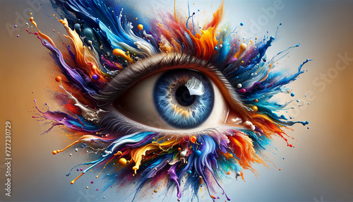 An intensely detailed human eye is captured mid-gaze, surrounded by a vibrant explosion of colorful paint splashes, symbolizing creativity and the spectrum of human vision.AI generated. #727230729