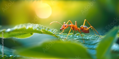 Vibrant macro shot of an ant on a green leaf with dew, natural beauty in detail. close-up of insect in its habitat. nature photography at dawn. AI © Irina Ukrainets