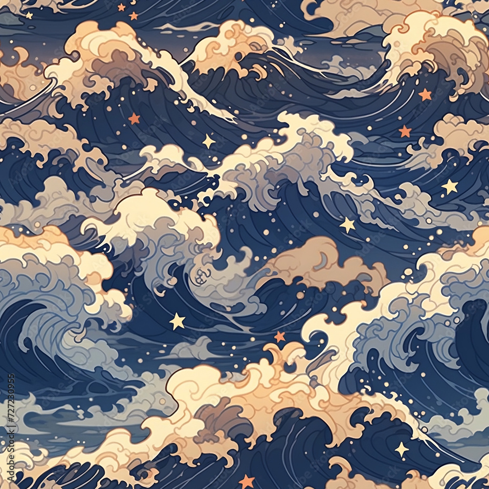 Seamless pattern with waves and raging sea in retro anime style Seamless pattern with waves and raging sea in retro anime style