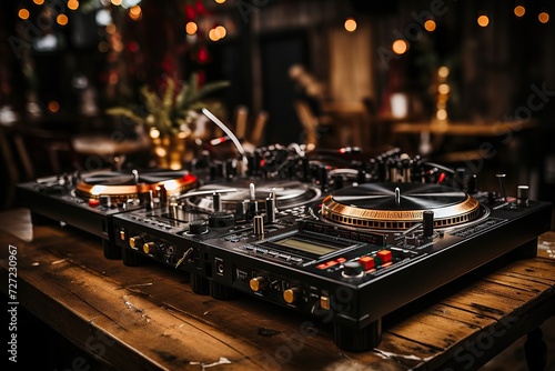 DJ equipment with turntables and mixer on a rustic wooden table