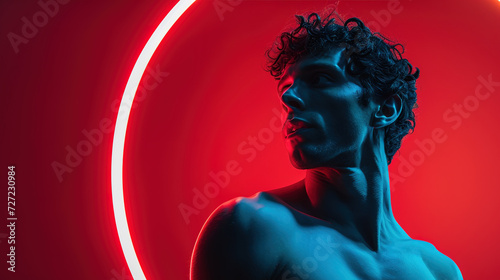 Young man athlete in the studio against the background of red neon backlight. photo