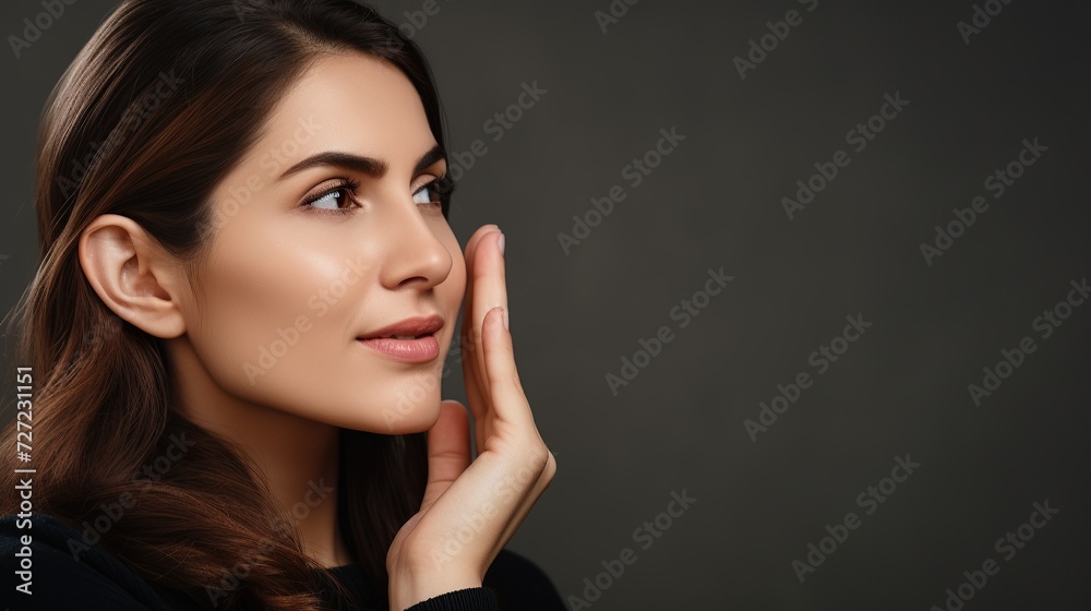 Jewelry concept. Portrait of beautiful young female model wearing silver earrings. Close-up of woman with clean skin posing, in studio background. Jewelry concept. Portrait of beautiful young female model wearing silver earrings. Close-up of woman with clean skin posing, in studio background.