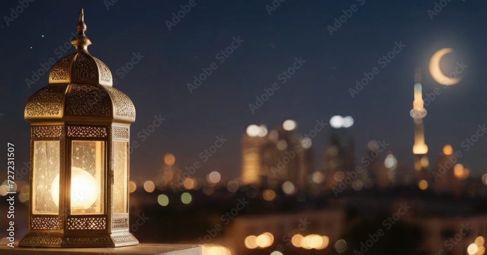 Fototapeta premium Traditional Islamic lanterns stand against the backdrop of a night city and starry sky with moon. Signifies the coming of Ramadan.