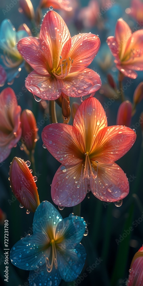 Vibrant lilies glisten with dewdrops at dawn. a perfect illustration of nature's beauty. ideal for relaxation visuals. AI