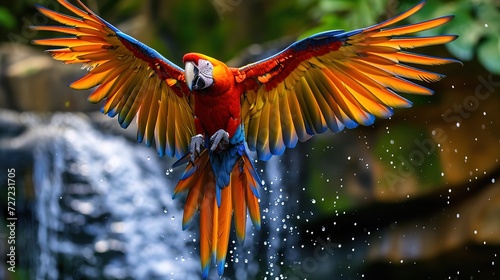 Colorful macaw parrot in flight against the backdrop of a tropical beach. photo