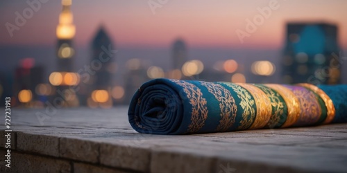 traditional prayer mats on the background of the night city and starry sky. Signifies the coming of Ramadan. photo