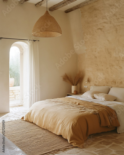Home interior background, cozy white bedroom with bright furniture natural wooden tables, modern style