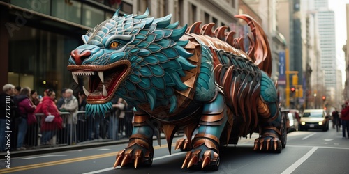 Metallic dragon sculpture on city street in daytime parade