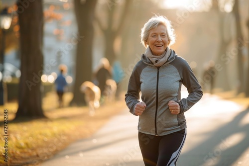 Joyful Senior Woman Running in the Park at Sunrise. Cheerful elderly woman enjoying a morning run in the park, bathed in the golden light of sunrise.