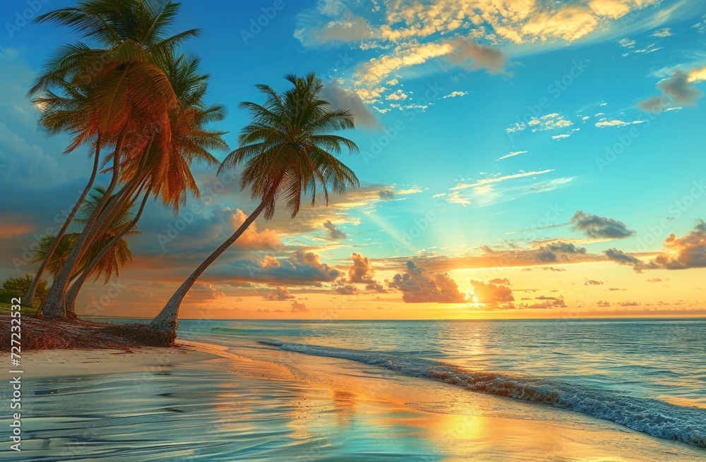  Sunset at the Beach with Palm Trees,  Ocean Shore with Palm Trees and Sunset,  Tropical Paradise with Palm Trees and Sunset,  Serene Beach Scene with Palm Trees and Sunset.  generative ai