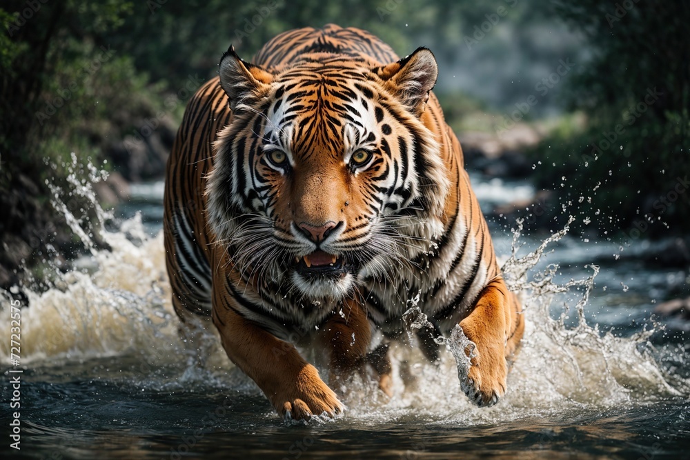 Siberian tiger running in the water with water splashing around