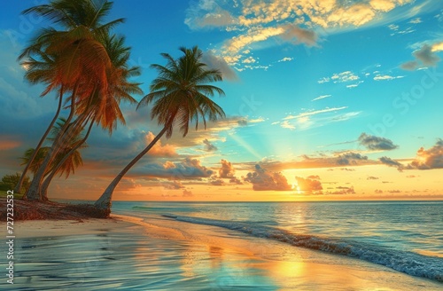  Sunset at the Beach with Palm Trees,  Ocean Shore with Palm Trees and Sunset,  Tropical Paradise with Palm Trees and Sunset,  Serene Beach Scene with Palm Trees and Sunset.  generative ai © Jevjenijs
