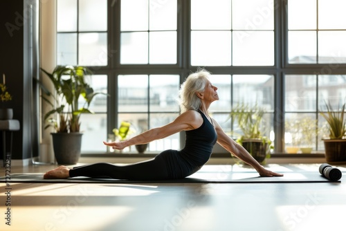 Senior Woman Practicing Yoga in a Bright Room. Elderly woman performing a cobra pose in yoga practice within a sunlit, plant-filled room, embracing wellness.