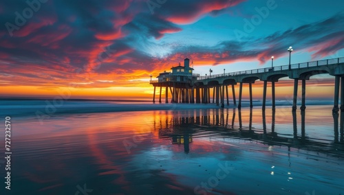 Sunset at the Pier  Peaceful Ocean Scene  Reflections of Sunlight on Water  Serene Beach Setting.