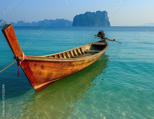 A Boat on the Ocean Shore, Beautiful Boat in Blue Water, Peaceful Scene of a Boat on the Beach, Calm Ocean with a Small Boat Floating Nearby. photo