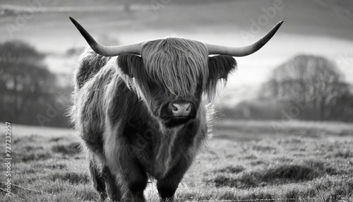 brown highland cow in black and white