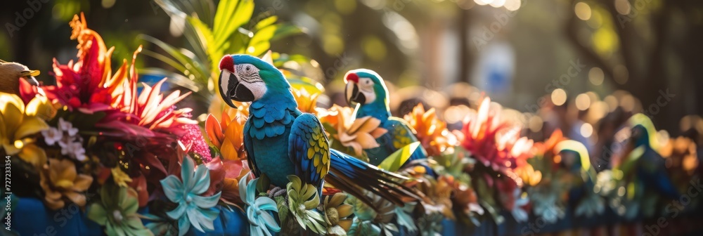 Parrot sculptures adorning a festive float in tropical sunlight