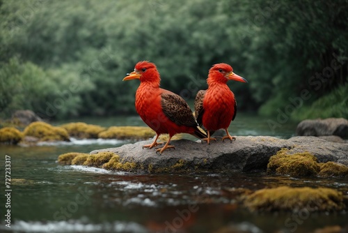  two red elegent chrysolophus pictus standing on the stone on water photo