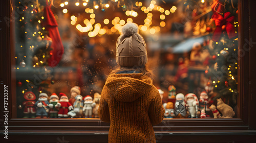 A child looks through the window of a toy store on Christmas Eve, filled with excitement and anticipation for the holiday.