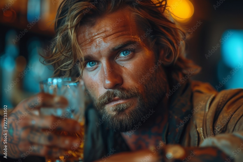 A bearded man gazes thoughtfully into his glass of liquid, his face a portrait of contemplation and refinement, framed by his glasses and the warm glow of an indoor setting A bearded man gazes thoughtfully into his glass of liquid, his face a portrait of contemplation and refinement, framed by his glasses and the warm glow of an indoor setting