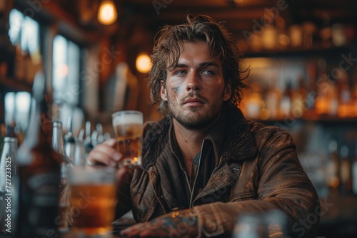 A rugged man with a strong jaw holds a frothy glass of beer in a dimly lit pub, exuding a relaxed and carefree aura while surrounded by other barware and the tempting scent of alcoholic beverages