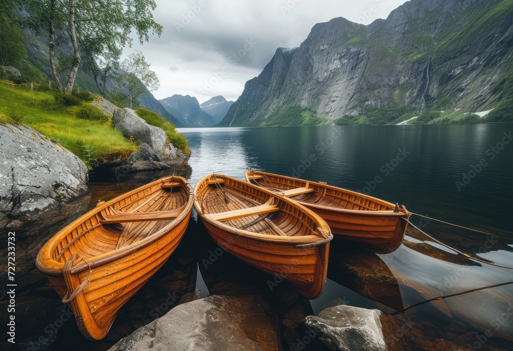 Peaceful Lake Scene with Four Boats, A Serene Mountain Lake with Rowboats, Four Wooden Boats Resting on a Lake Shore, Lakefront View of Four Rowboats by the Mountains.