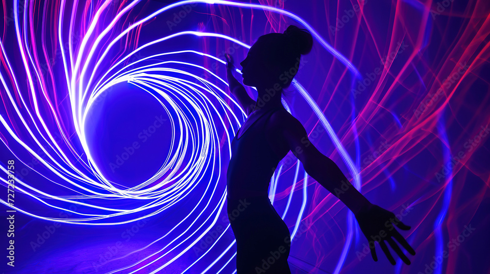 Silhouette of a woman dancer against a background of neon light