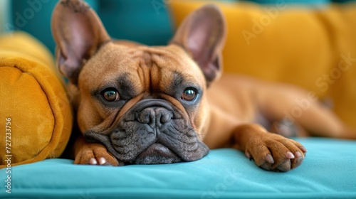 Relaxed Dog on Couch, Brown and Tan Dog Laying Down, Sleepy Puppy on Blue Pillow, Adorable Dog Resting on a Couch. © Jevjenijs